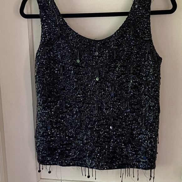 Vintage 80s Heavily Beaded/Sequined Black Wool Sleeveless Formal Evening Tank - Picture 1 of 13